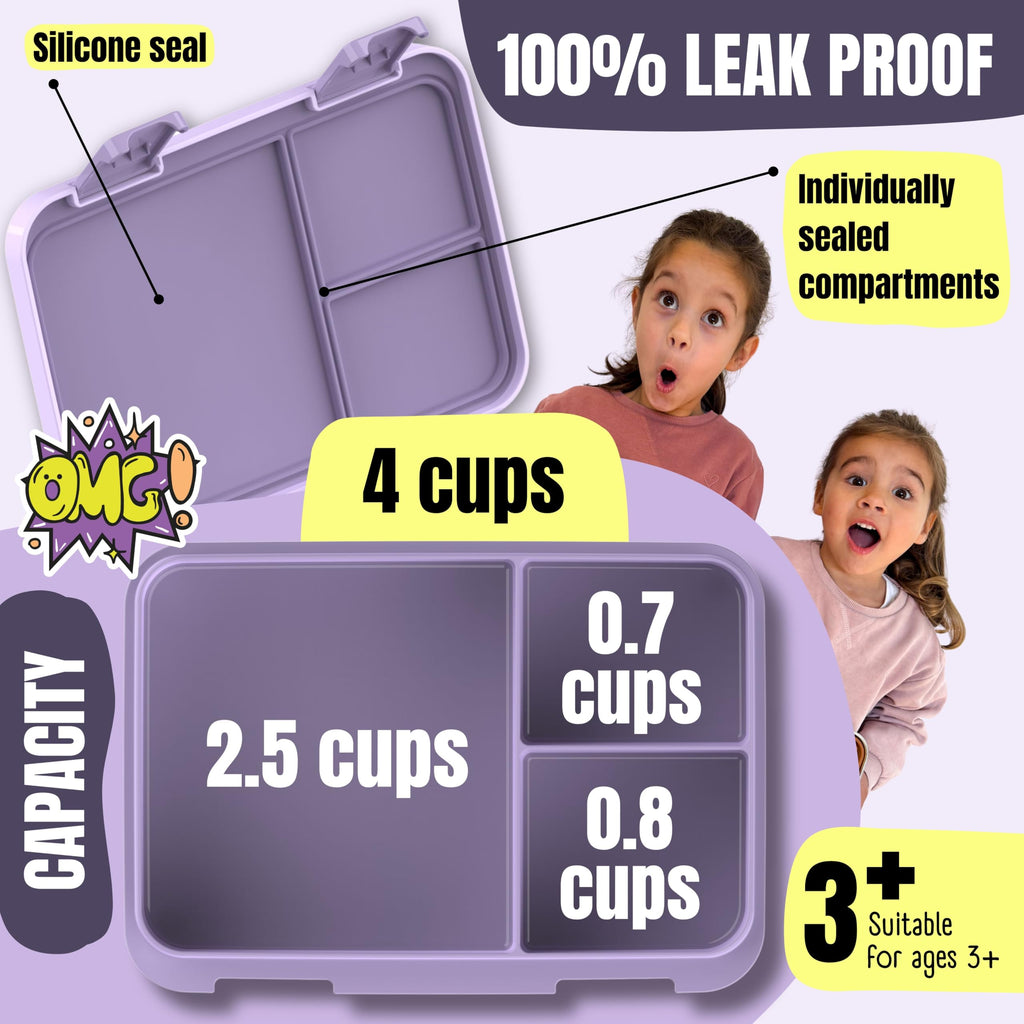 BEARFOOT Kids Lunch Box with Compartments – Compact & Lightweight | Leak-Proof, BPA-Free, Dishwasher Safe | Hand-Drawn Design for Preschool, School, Travel (BubbleTea Purple, 4 Cups)