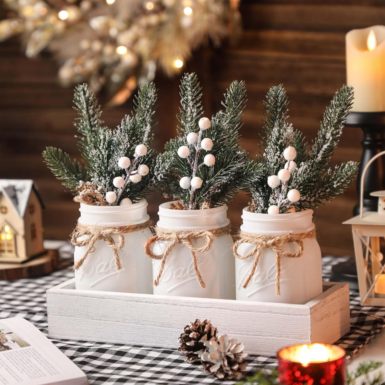 Supreme Lights Christmas Mason Jars - Winter White Decorative Centerpieces for Home Table Decor | Set of 3 with Wood Tray
