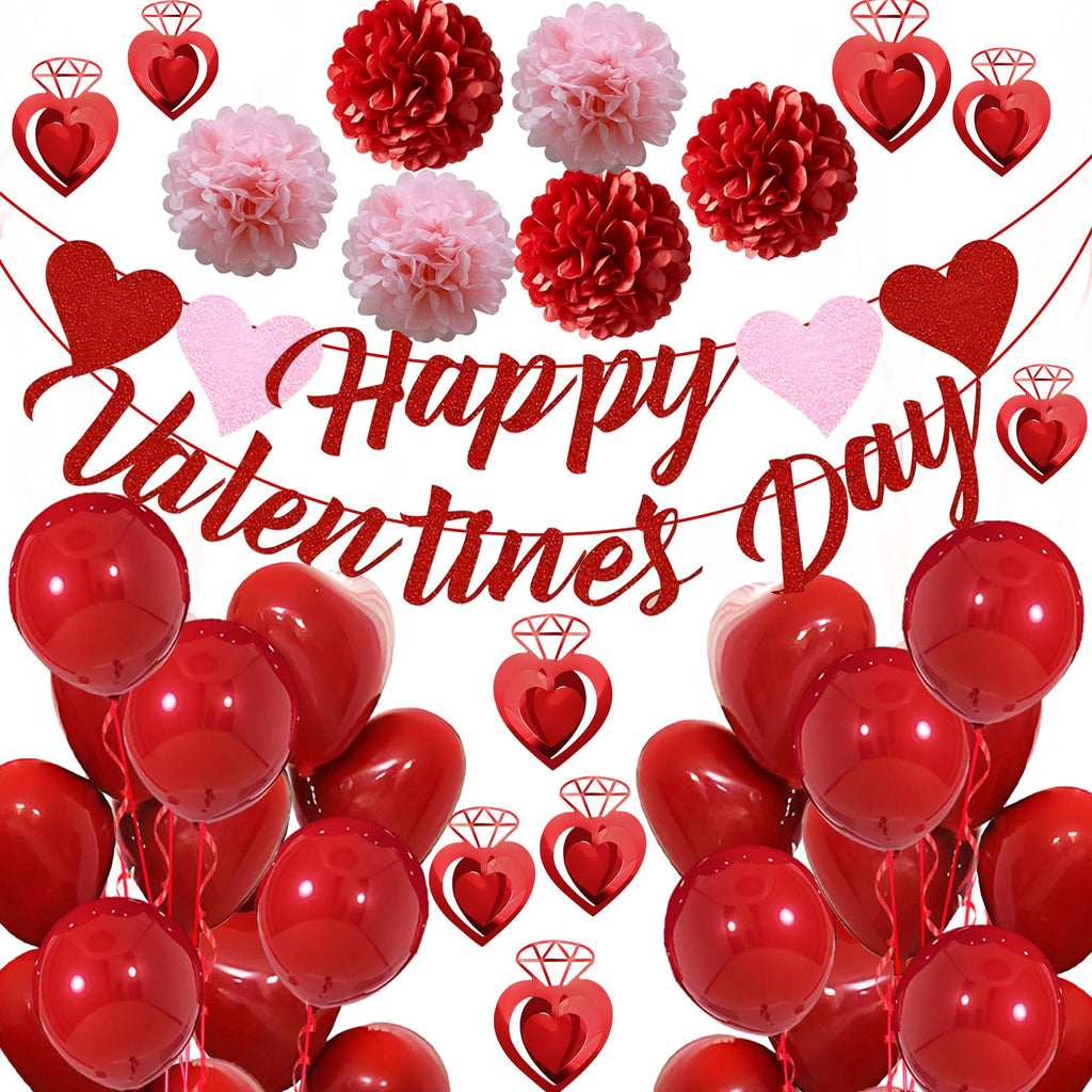 Valentines Day Decorations, Happy Valentines Day Banner and Red Heart Balloons for Valentines Decor with Paper Flowers and Heart Hanging Decor
