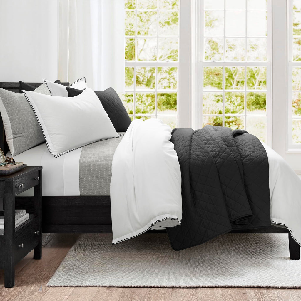 Lush Decor Ava Diamond Oversized Cotton Quilt Set, 3 Piece Set, Full/Queen, Black - Soft & Cozy Quilted Bedding Set - Queen Quilt - Black Bedspread - Traditional, Farmhouse & Minimalist Bedroom Decor