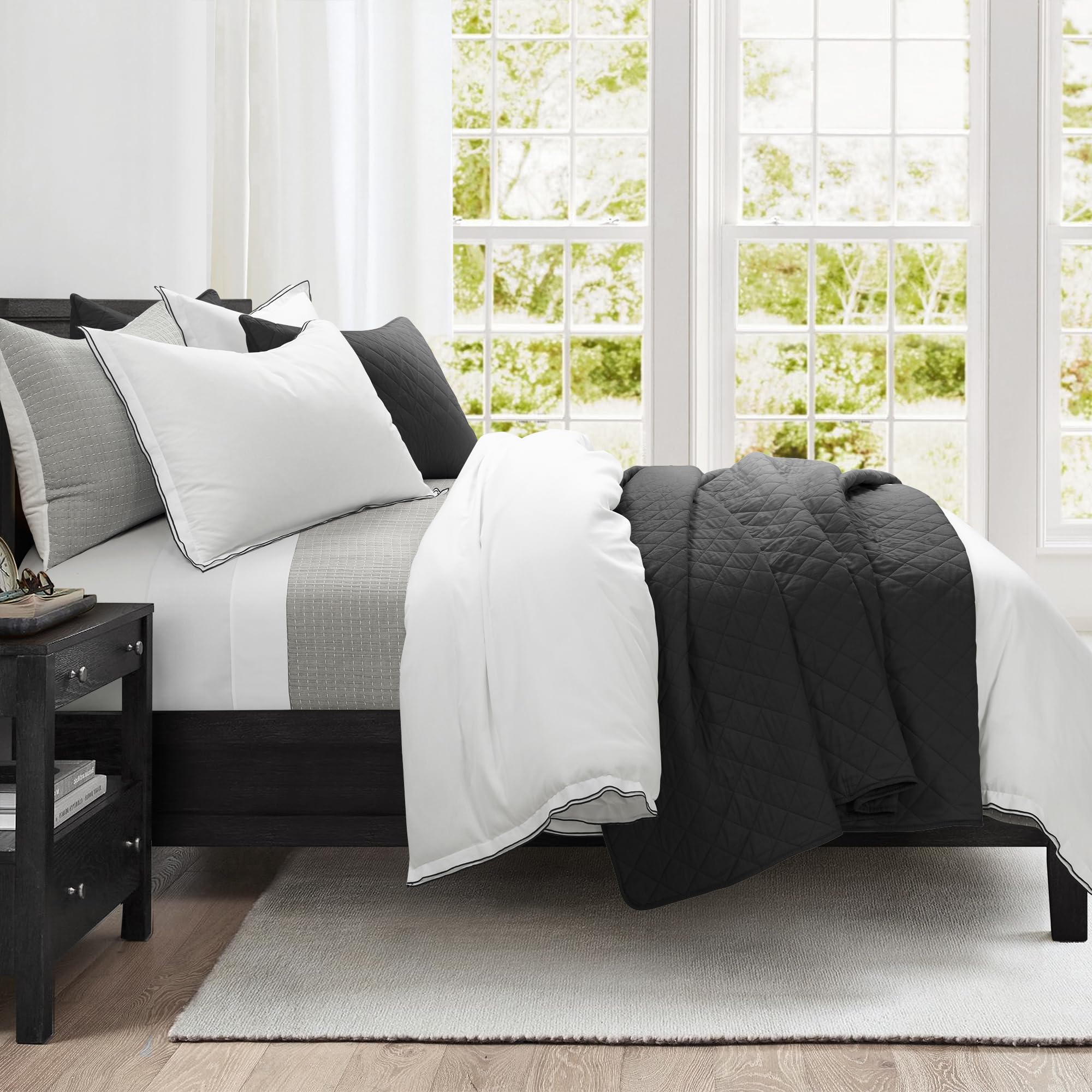 Lush Decor Ava Diamond Oversized Cotton Quilt Set, 3 Piece Set, Full/Queen, Black - Soft & Cozy Quilted Bedding Set - Queen Quilt - Black Bedspread - Traditional, Farmhouse & Minimalist Bedroom Decor