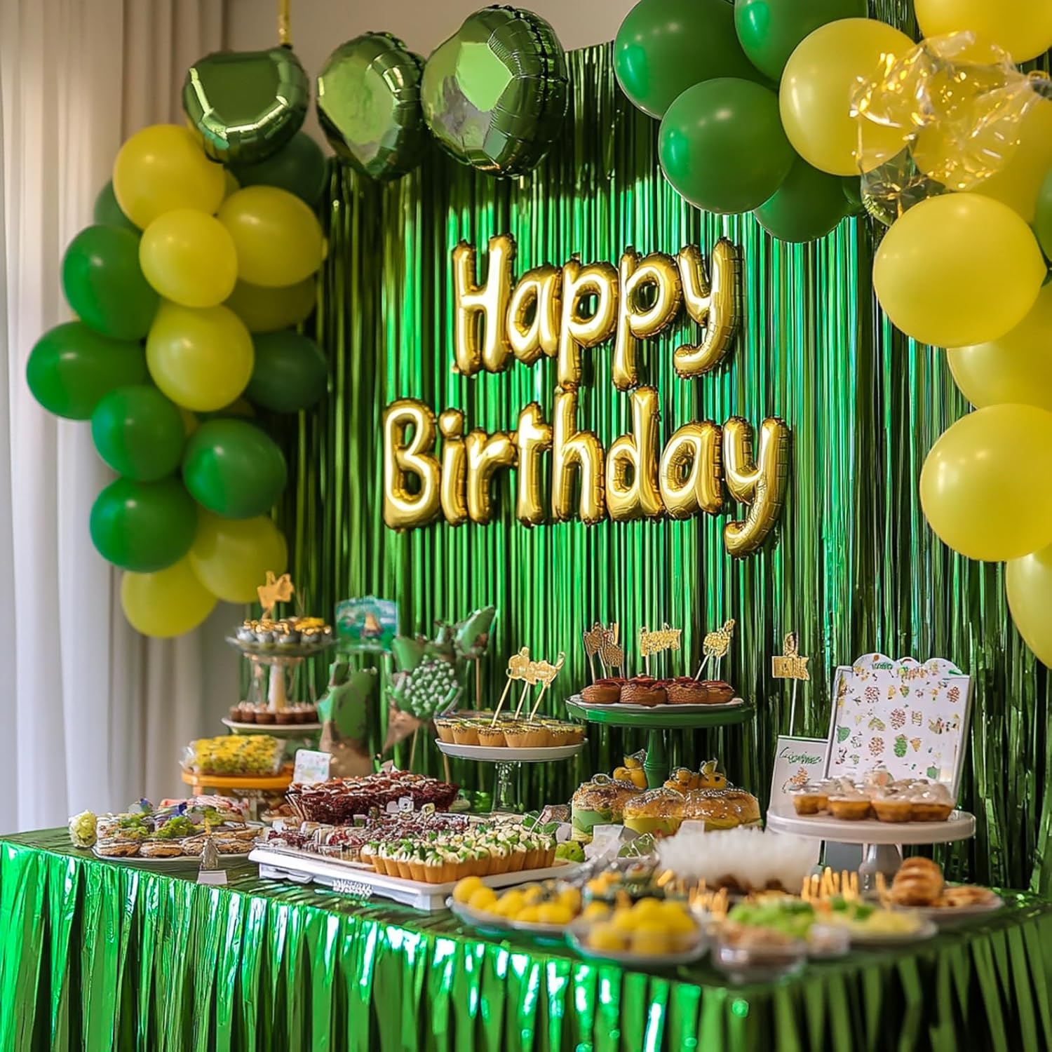 PartyWoo Green Streamers | 3-Piece Tinsel Foil Fringe Curtains - 8.2 FT Backdrop for Graduation & Birthday Parties