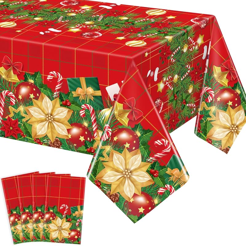 4 Pcs Christmas Poinsettia Plaid Tablecloth 51 x 86 inches - Red Holiday Plastic Table Cover (Variation of THIS listing: 1)