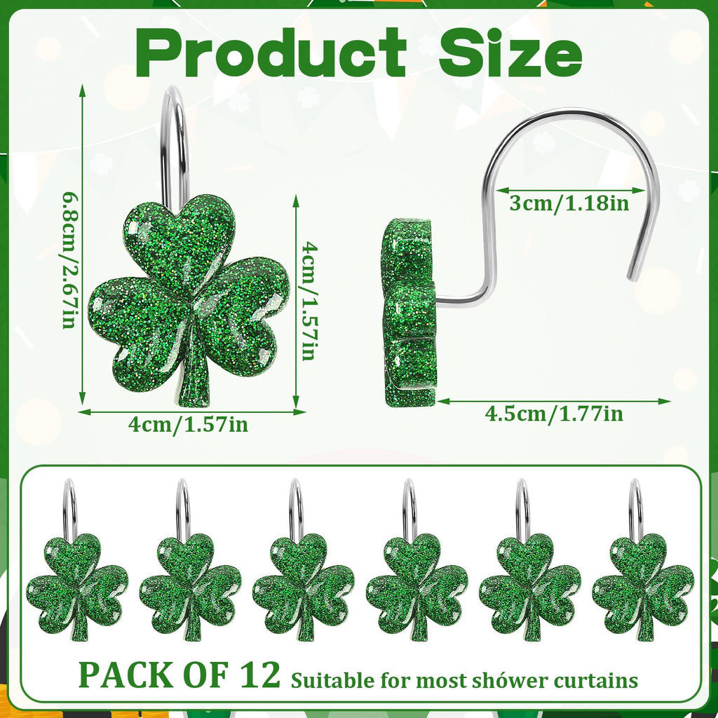 BOARDFEB Sparkling Shamrock Shower Curtain Hooks, 12Pcs St. Patrick's Day Decor with Glitter Clover Design for Festive Bathroom Party Accents
