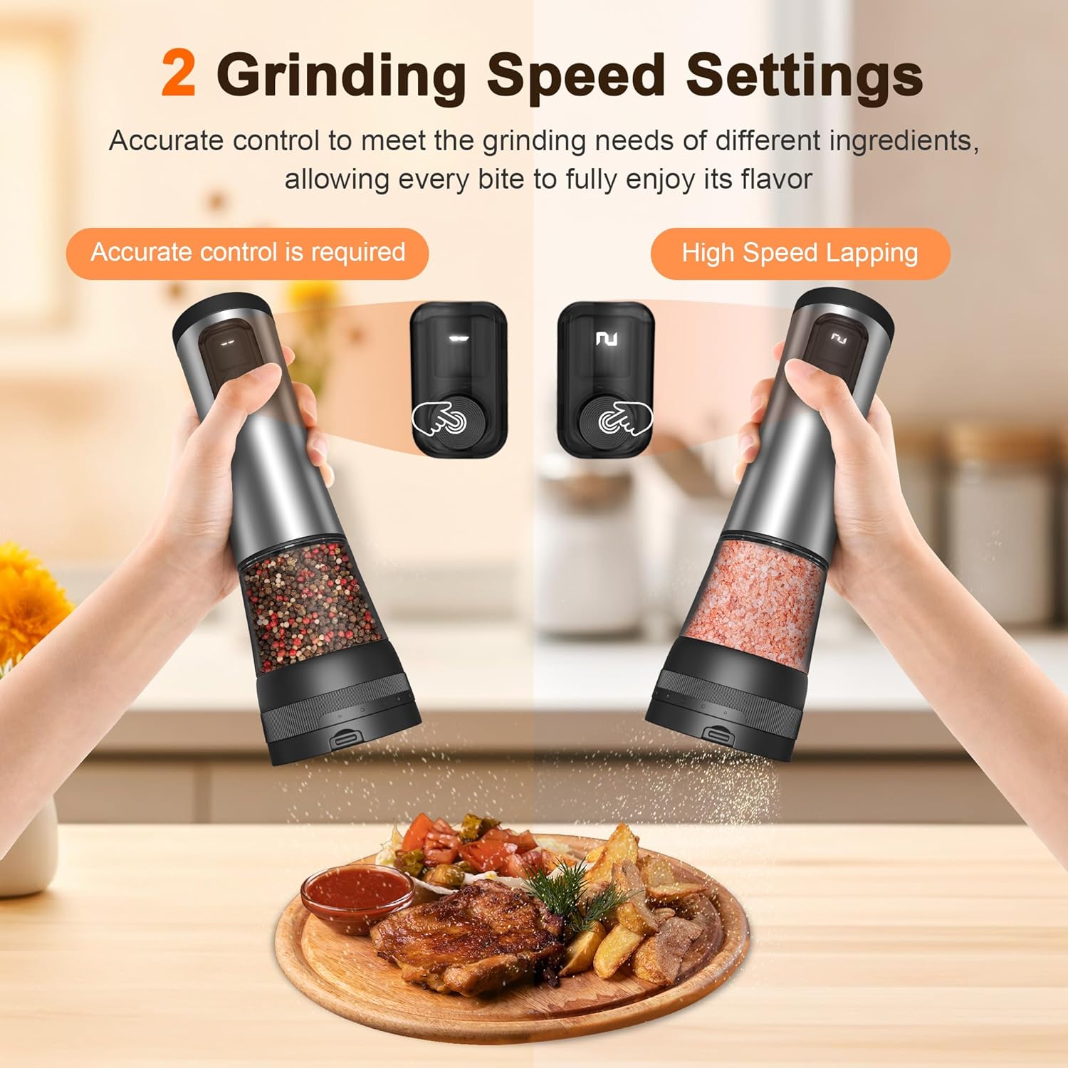 Skiennix Electric Salt and Pepper Grinder Set - Rechargeable Stainless Steel Mill with LED Light & 100ml Capacity