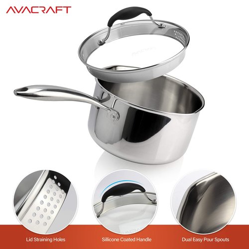 AVACRAFT Tri-Ply Stainless Steel Saucepan with Glass Strainer Lid, Two Side Spouts, Multipurpose Sauce Pan with Lid, Sauce Pot, Cooking Pot (Tri-Ply Full Body, 3.5 Quart)