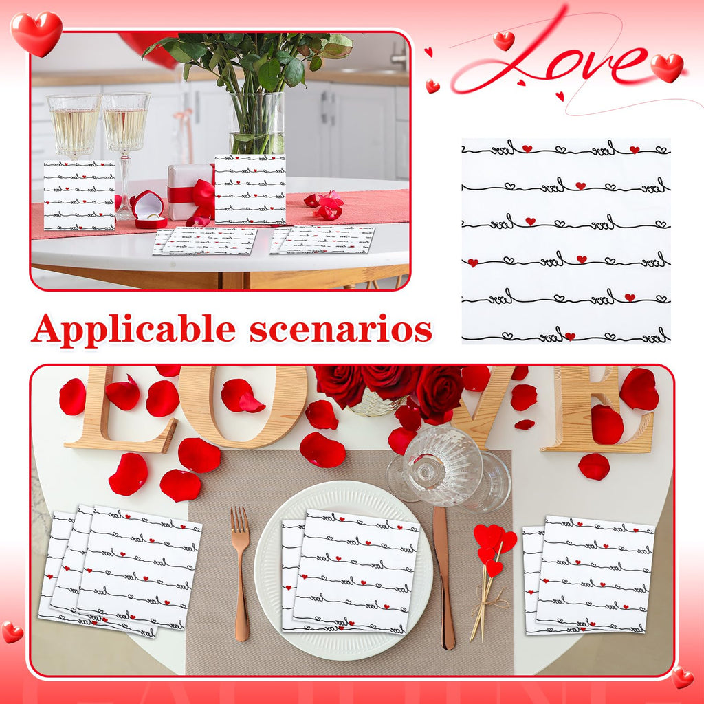 Feifeiya 60 Pcs Valentines Heart Cocktail Paper Napkins 6.5 x 6.5 Inches Love Heart Disposable Paper Napkins for Decoupage Dessert Beverage Tissue for Wedding Anniversary Party Tableware Party Supplie