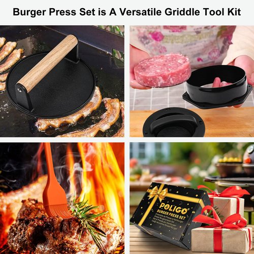 POLIGO Smash Burger Press Kit - 4 in 1 Hamburger Patty Storage Containers,6.69" Round Cast Iron Smash Bacon Press- Non Stick Smash Burger Press Set for Grill and Griddle Cooking