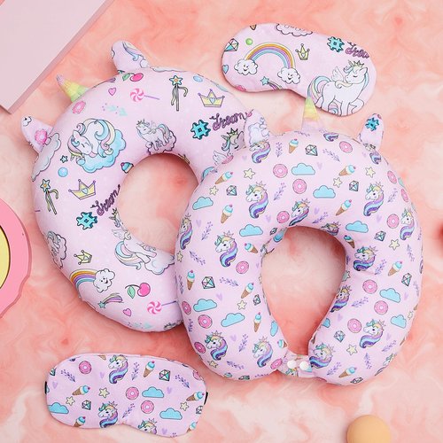 Thyle 2 Set Unicorn Neck Travel Pillow for Kids and Eye Mask Lightweight Travelling Sleeping Pillow Set for Airplane, Car, Train, Bus and Home Use Support Blindfolds
