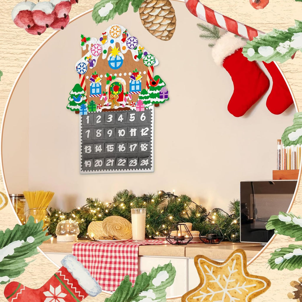 Watersay Christmas Gingerbread House Advent Calendar - 2ft Felt Countdown with 24 Pockets for Kids & Toddlers