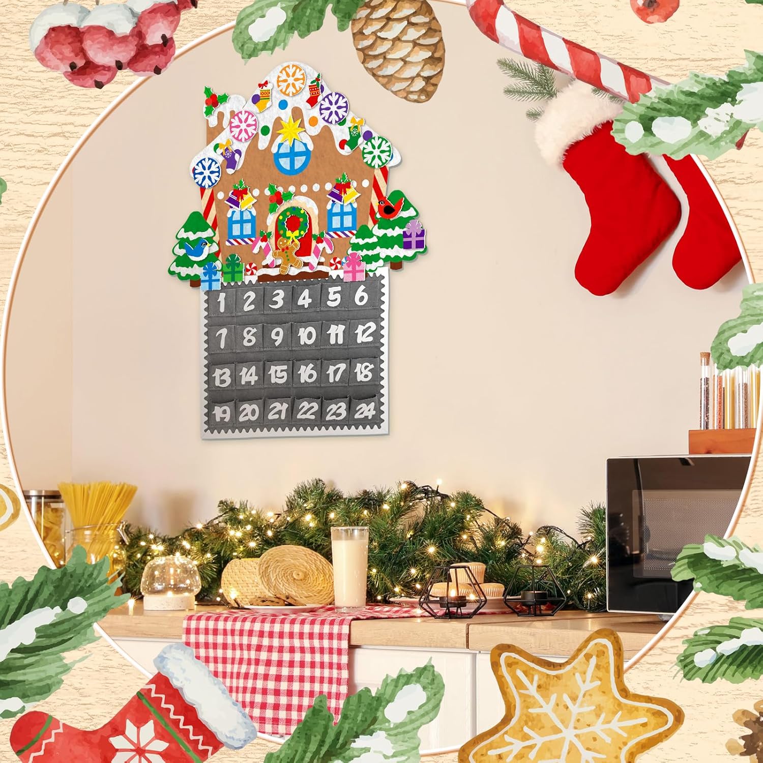 Watersay Christmas Gingerbread House Advent Calendar - 2ft Felt Countdown with 24 Pockets for Kids & Toddlers