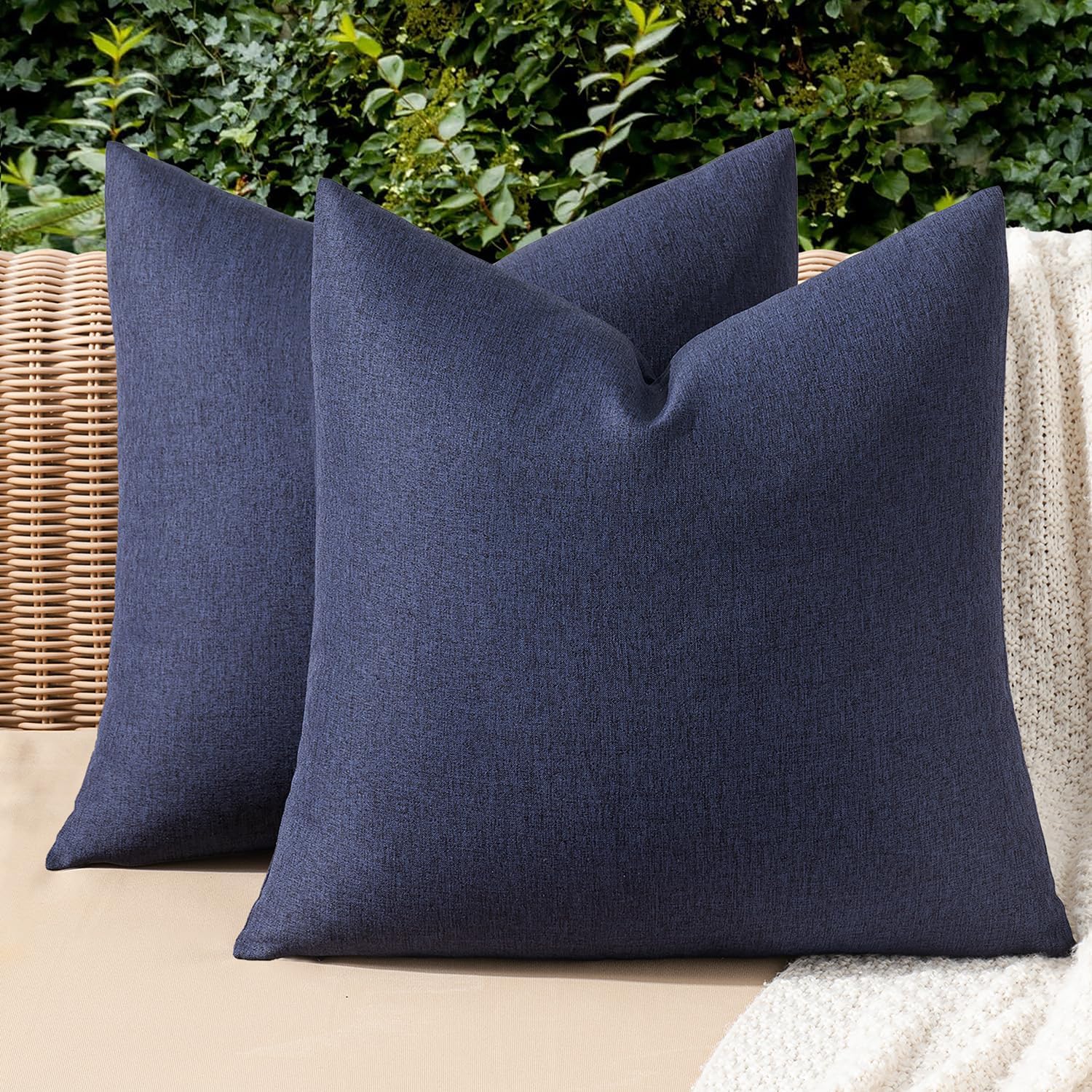 MIULEE Decorative Outdoor Throw Pillow Covers - Waterproof Faux Linen Cushion Cases | Pack of 2, 22x22 Inch, Navy