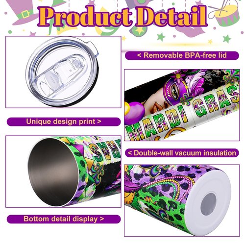 Suttmin 8 Pack 20oz Mardi Gras Tumblers Stainless Steel Tumblers with Lids and Straws, Cups Printed with Carnival Heroine, Iris, and Lips, Travel Mug Carnival Gifts for Women