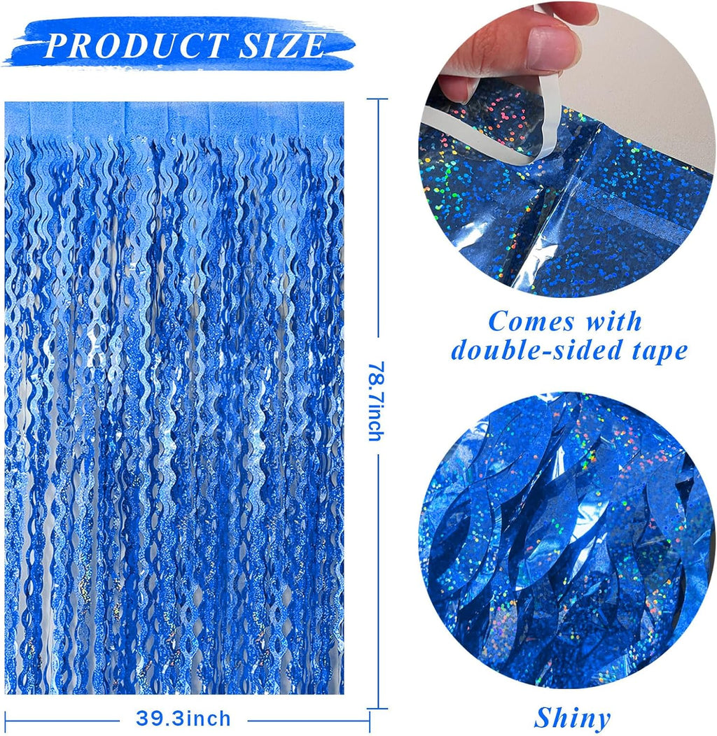 Skiennix Blue Wavy Tinsel Foil Fringe Curtains - Sparkling Birthday Party Decorations | Ocean Theme