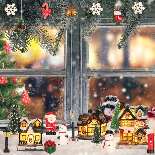 Liliful Christmas Village House Set - 46 Pcs LED Lighted Resin Figurines for Holiday Decor | Rustic Xmas Scene