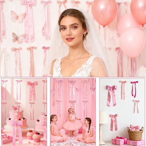 16 Pcs Pink Bow Wall Decor, Coquette Ribbon Bows Hanging Decorations for Girls Room, Nursery, Birthday Party, Baby Shower, Wedding Backdrop and Aesthetic Room Decor