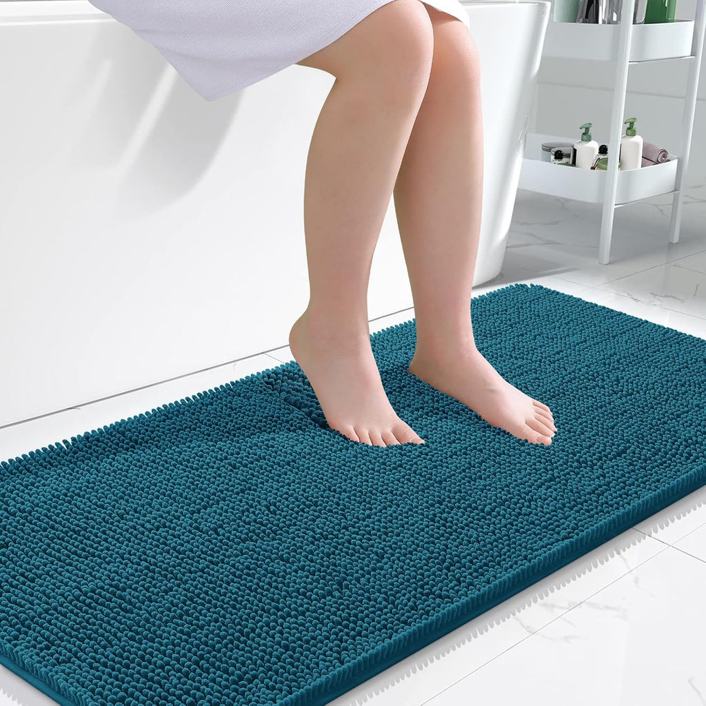 OLANLY Bathroom Runner Rugs - Soft Absorbent Chenille with Rubber Backing | Quick Dry, 47x24 in Peacock Blue