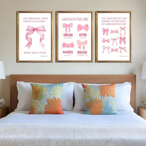 **JBZDD Christian Pink Bow Wall Art - Set of 3 Unframed Inspirational Bible Verse Prints | 12x16in for Girls' Room**