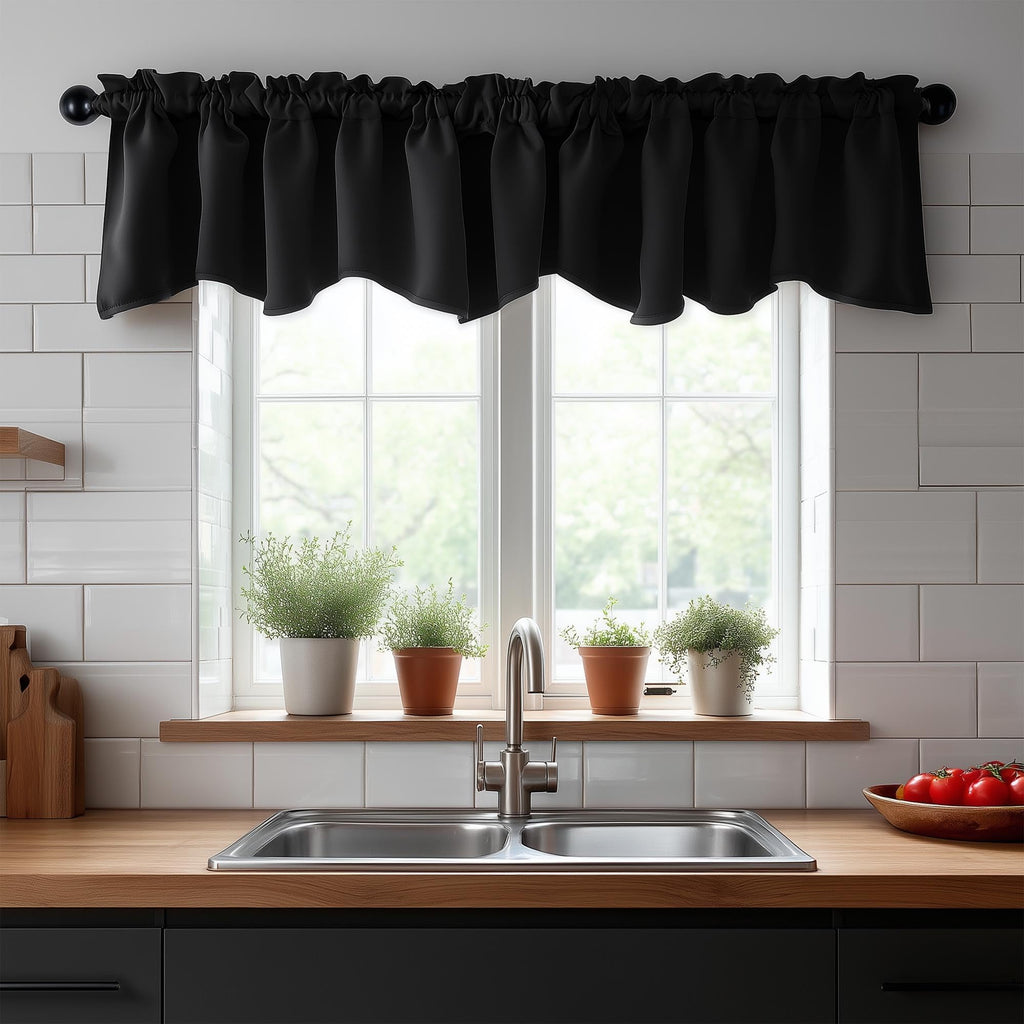 Deconovo Black Valances for Windows, Scalloped Valance for Kitchen Living Room Bedroom Bathroom, Short Curtain, Black Out Small Drape, Rod Pocket, Machine Washable, 52x18 Inch, 1 Panel