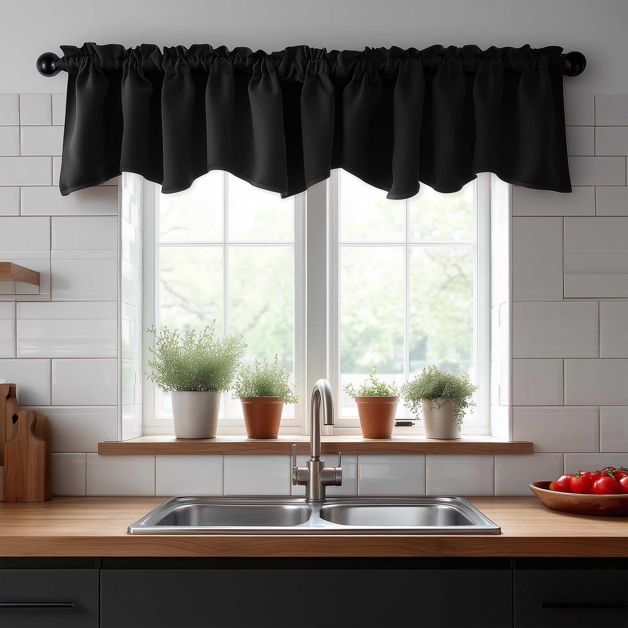 Deconovo Black Valances for Windows, Scalloped Valance for Kitchen Living Room Bedroom Bathroom, Short Curtain, Black Out Small Drape, Rod Pocket, Machine Washable, 52x18 Inch, 1 Panel