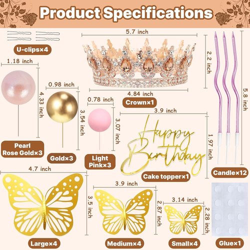 AMZVALU Crown Cake Topper - Elegant Birthday Decoration for Women | Rose Gold & Peach Design