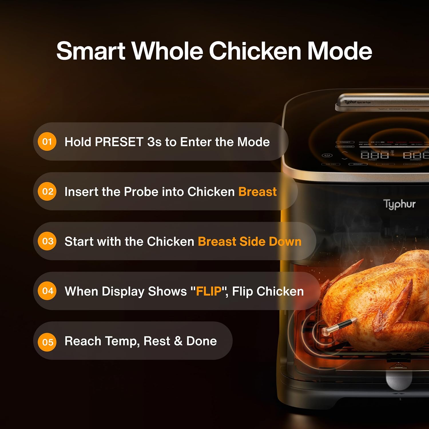 Typhur Sync 8QT AI Smart Air Fryer - 9-in-1 Non-Toxic Ceramic with Wireless Thermometer | Cooks 6lb Chicken