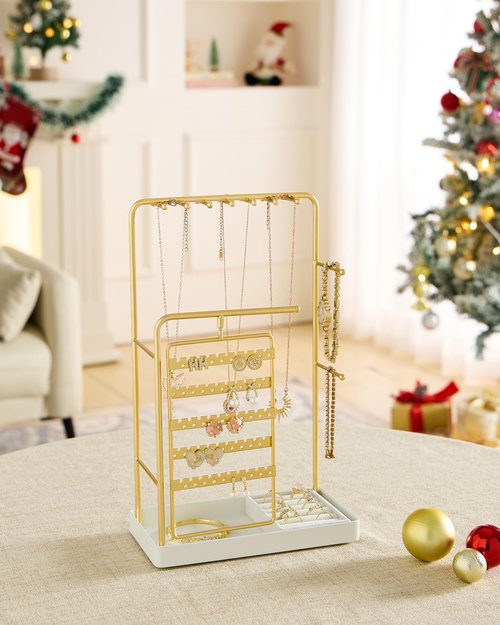 Lolalet Jewelry Organizer Stand, No Assembly Needed Display Storage with Rotating Earring Holder for Necklace Bracelet Rings, Galentines Valentines Gifts Room Dorm Decor for Women Girls -Gold
