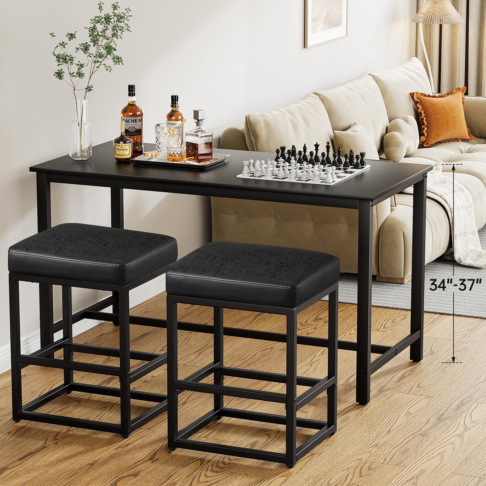 Raynesys Counter Height Bar Stools Set of 2, 24" Barstools for Kitchen Countertop, Faux Leather Counter Stools with Thick Square Seats & Sturdy Metal Base, Simple Assembly, Brown