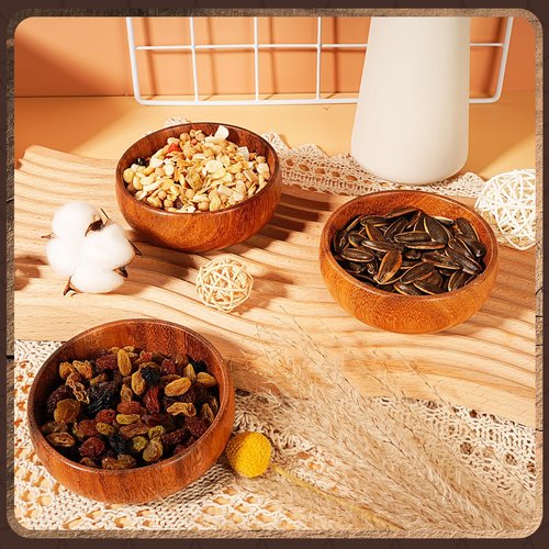 Skylety 20 Pcs Acacia Wooden Bowls Small Calabash Bowls Round Wood Salad Hand Carved Calabash Dip Tray for Serving Popcorn Pasta Coconut Nuts Sauce Appetizers Home Kitchen (4 Inch)