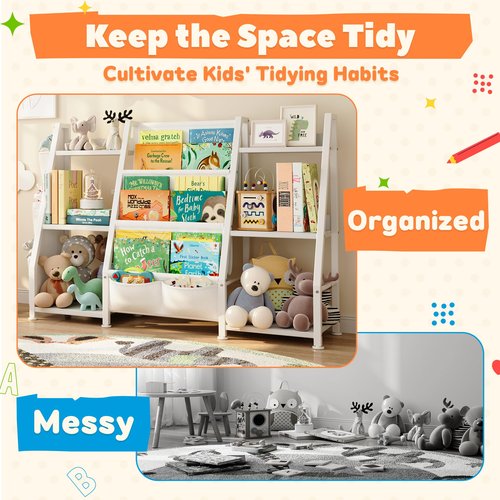GoTiling Kids Bookshelf and Toy Storage Organizer, Triangle Frame with Extra Wide 3-Tier Sling Pockets, Freestanding Montessori Book Display Rack for Toddler Room, Nursery, and Playroom, White