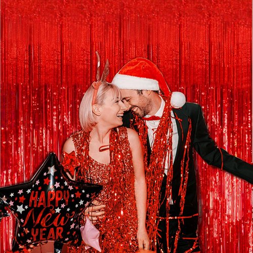 Foil Curtain Backdrop - 20 Pack Red Metallic Tinsel Fringe for Photo Booths & Party Decor