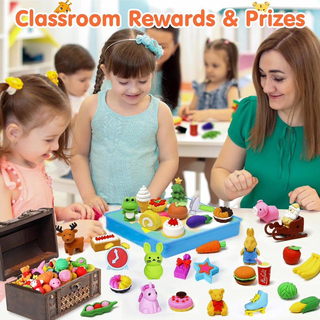 Moosia 120 Pack Animal Pencil Erasers - 3D Mini Puzzle Desk Pets & Party Favors for Kids