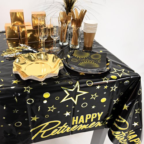 Beistle 2 Piece Metallic Happy Retirement Tablecovers, 54” x 108”, Plastic Party Tablecloths in Black, Gold, Silver