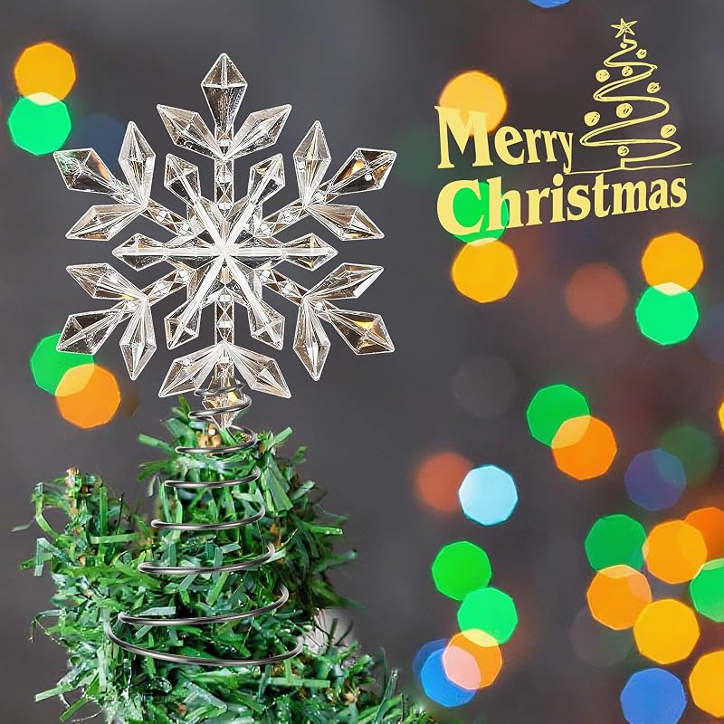 Mini Snowflake Tree Topper - White Shiny Crystal with Spring Base (Variation: White+Shiny)