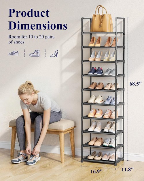 Kitsure Shoe Rack - 10-Tier Tall Organizer with Detachable Fabric Shelves | 16.9" Wide - Black