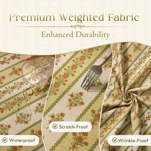 Livebee Floral Striped Block Print Tablecloth Rectangular, Farmhouse Linen Olive Green Table Cloth Heavy Weight Washable Table Cover for Spring Dining Party, 63x106''