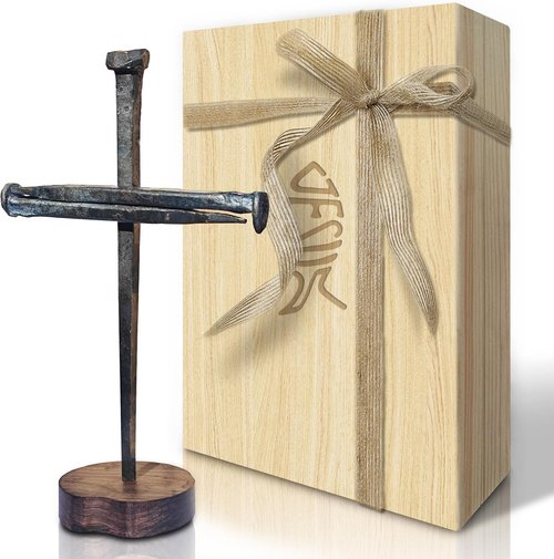 LeMeeOly Jesus Christ Crucifixion Nail Metal Cross - Elegant Religious Gift for Mom & Baptism | Solid Wood Base