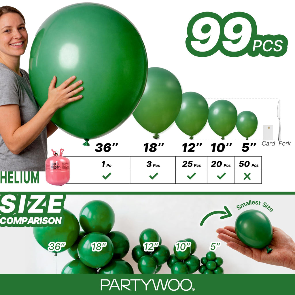 PartyWoo Dark Green Balloons 99pcs Different Sizes of 36 18 12 10 5 Inch Emerald Hunter Forest Green Balloon Arch Kit for Birthday Christmas Graduation Dinosaur Jungle Party Decorations Green-Y56