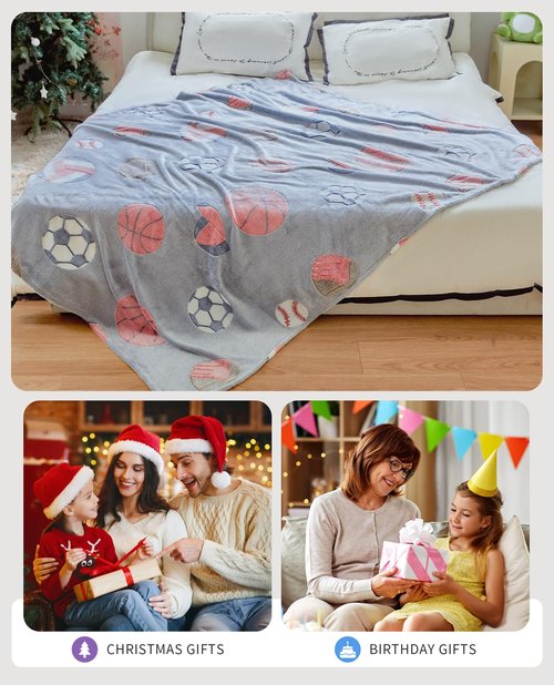 OLAOLA Soccer Glow in The Dark Blanket for Kids Boys Girls Toddler, Soft Warm Cozy Sports Theme Basketball Throw Blanket, 60"x80", Polyester, Machine Washable