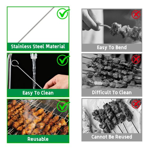 Stainless Steel Skewers for Grilling: 12pcs Reusable Kabob Sticks Round BBQ Skewers for Chicken Meat Shrimp Vegetables