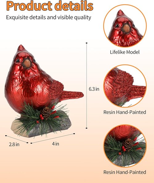 iStatue Red Cardinal Bird Figurines - Set of 2 Realistic 6.3'' Resin Statues for Holiday Home Decor