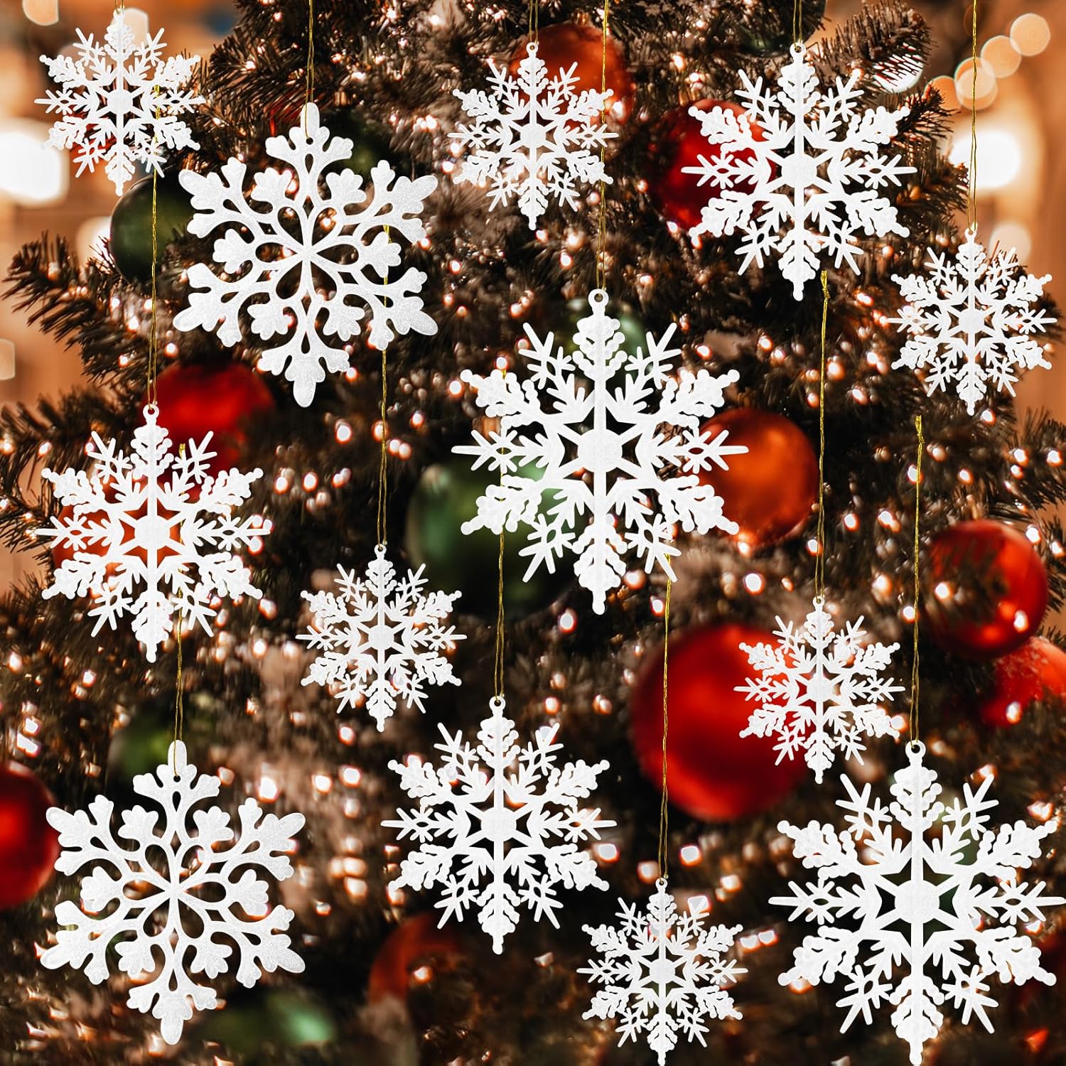 Skiennix 36-Pack Snowflake Christmas Tree Ornaments - White Glitter Decorations for Festive Cheer