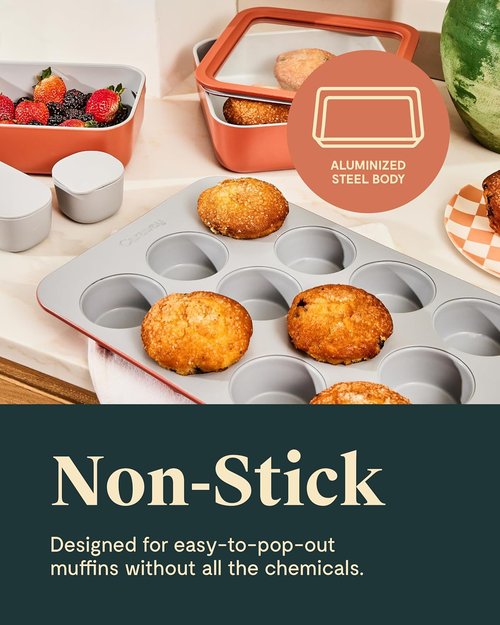 Caraway Non-Stick Ceramic Muffin Pan - 12-Cup Design with Naturally Slick Coating - Non-Toxic & PTFE Free - Ideal for Cupcakes & Muffins - Gray