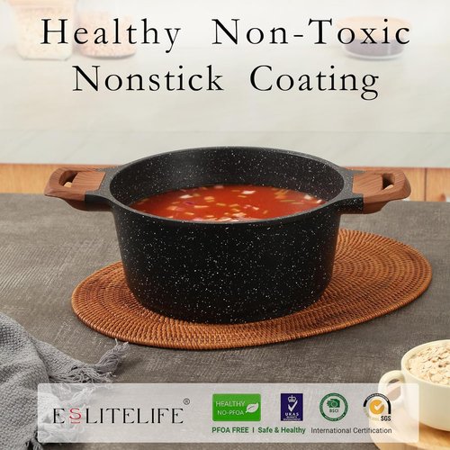 Eslite Life Nonstick Cookware Set - 12 Pcs Granite Coating Pots & Pans | PFOA Free, All Stovetops Compatible, Black