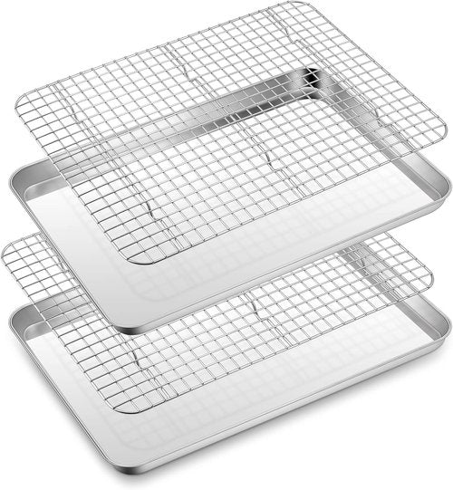 E-far Half Sheet Baking Pan Set - 18”x13” Stainless Steel Cookie Sheet with Cooling Rack | Dishwasher Safe