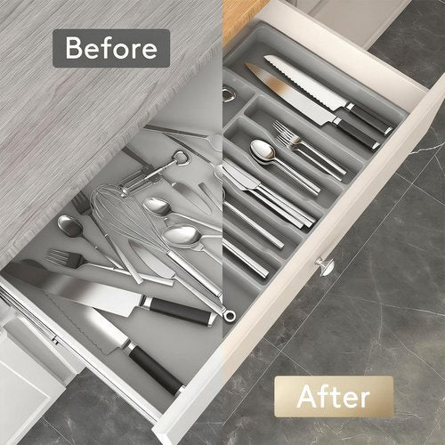 BUKMVKU Expandable Large Silverware Tray For Drawer Organizer, Kitchen Cooking Utensil Drawer Organizer For Spoons Forks Knives, Adjustable Cutlery Flatware Holder 13"-22.4" X 14.7" X 2" (Gray)