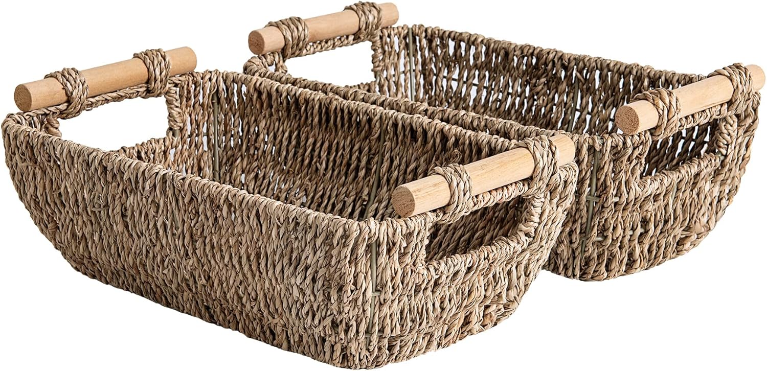 StorageWorks Small Seagrass Baskets - Woven Design with Wooden Handles | 2-Pack for Organizing Gifts