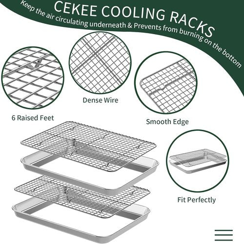 CEKEE Jelly Roll Pan Set - Stainless Steel Baking Sheet with Cooling Racks | Nonstick, Rust-Proof, 15.94 x 12 x 1 Inch