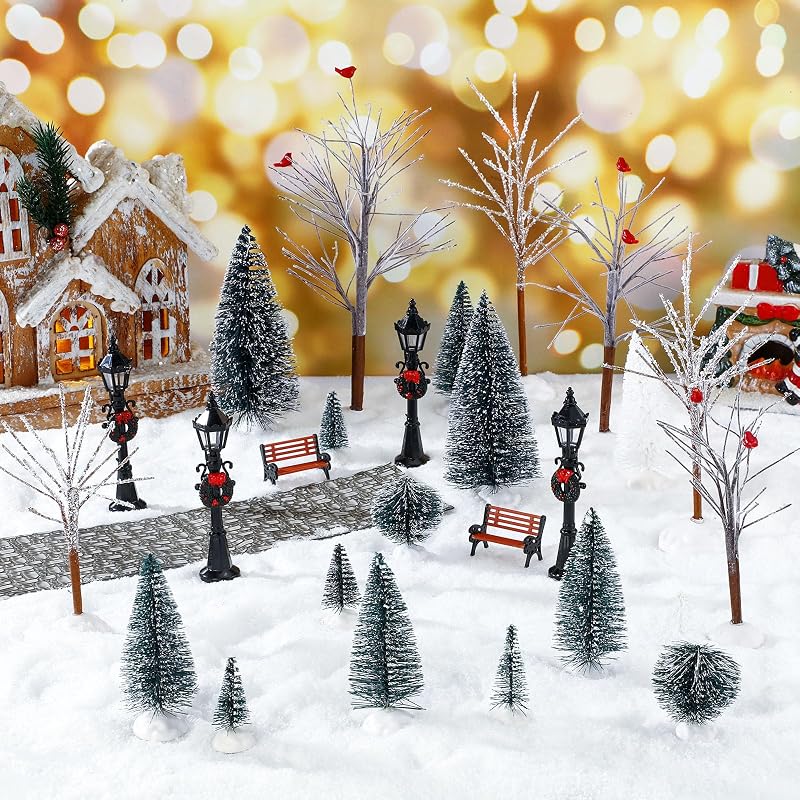 Classic 28 Pcs Mini Christmas Village Tree Set with Snow, Lamps & Benches