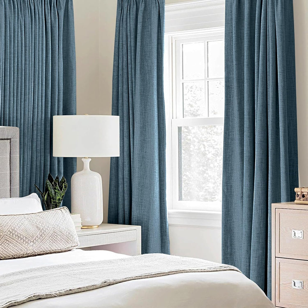 MIULEE Linen Blackout Curtains - 100% Room Darkening Thermal Insulated Grommet Panels | 42"x90", Dusty Blue